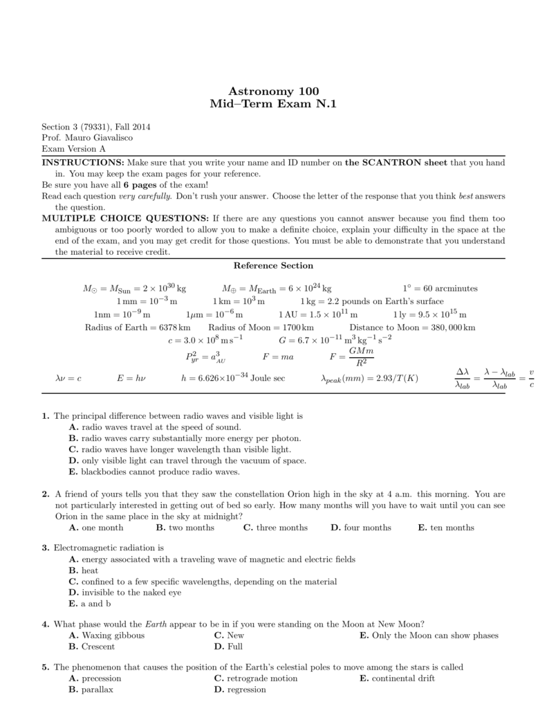 Astronomy 100 Mid–Term Exam N.1