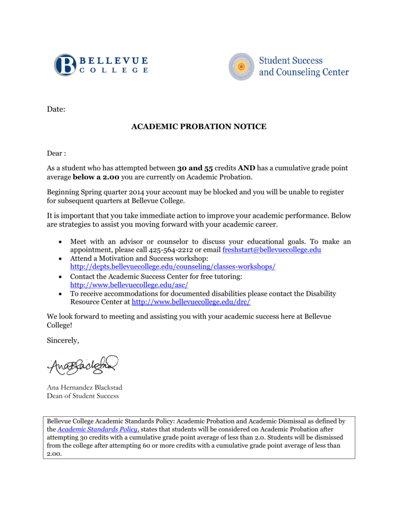 Date ACADEMIC PROBATION NOTICE