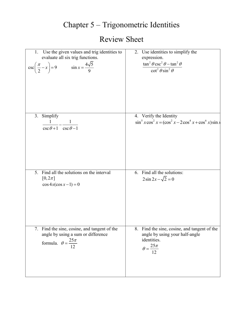 Chapter 22 – Trigonometric Identities Review Sheet Intended For Verify Trig Identities Worksheet