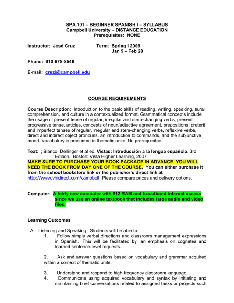 spa 101 beginner spanish i syllabus