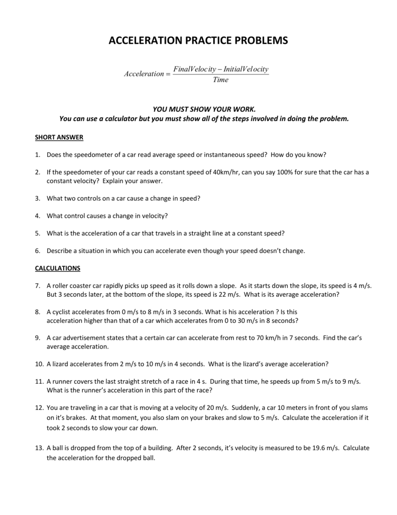 ACCELERATION PRACTICE PROBLEMS With Regard To Acceleration Practice Problems Worksheet