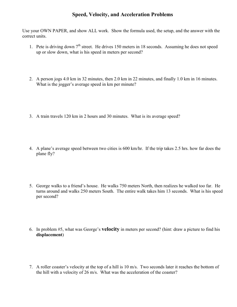 Speed, Velocity, and Acceleration Problems Intended For Displacement Velocity And Acceleration Worksheet