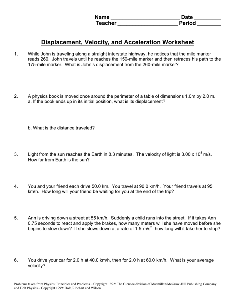 Displacement,Velocity, and Acceleration Worksheet Pertaining To Displacement And Velocity Worksheet