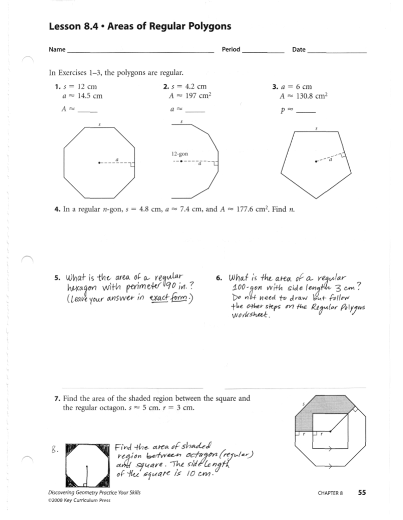 Lesson 11.11 • Areas of Regular Polygons With Area Of Regular Polygons Worksheet