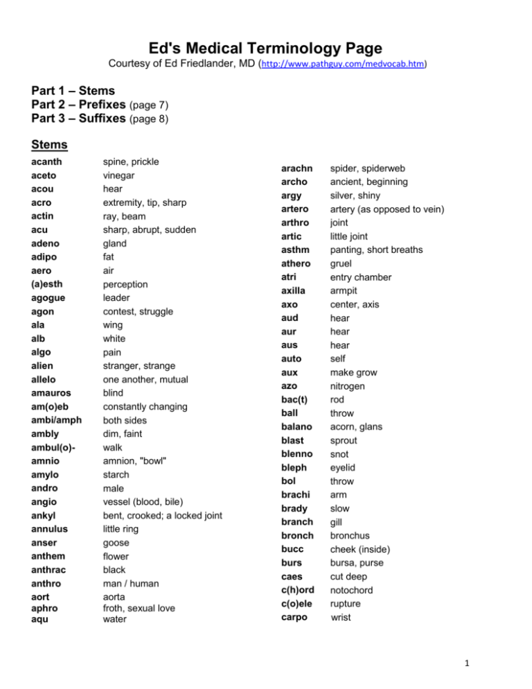 Medical Terminology Prefixes Roots Suffixes