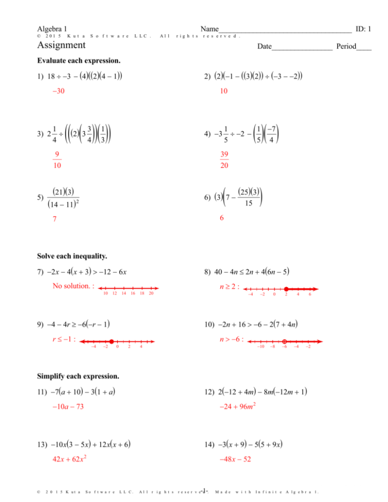 algebra 1 assignment solve each equation