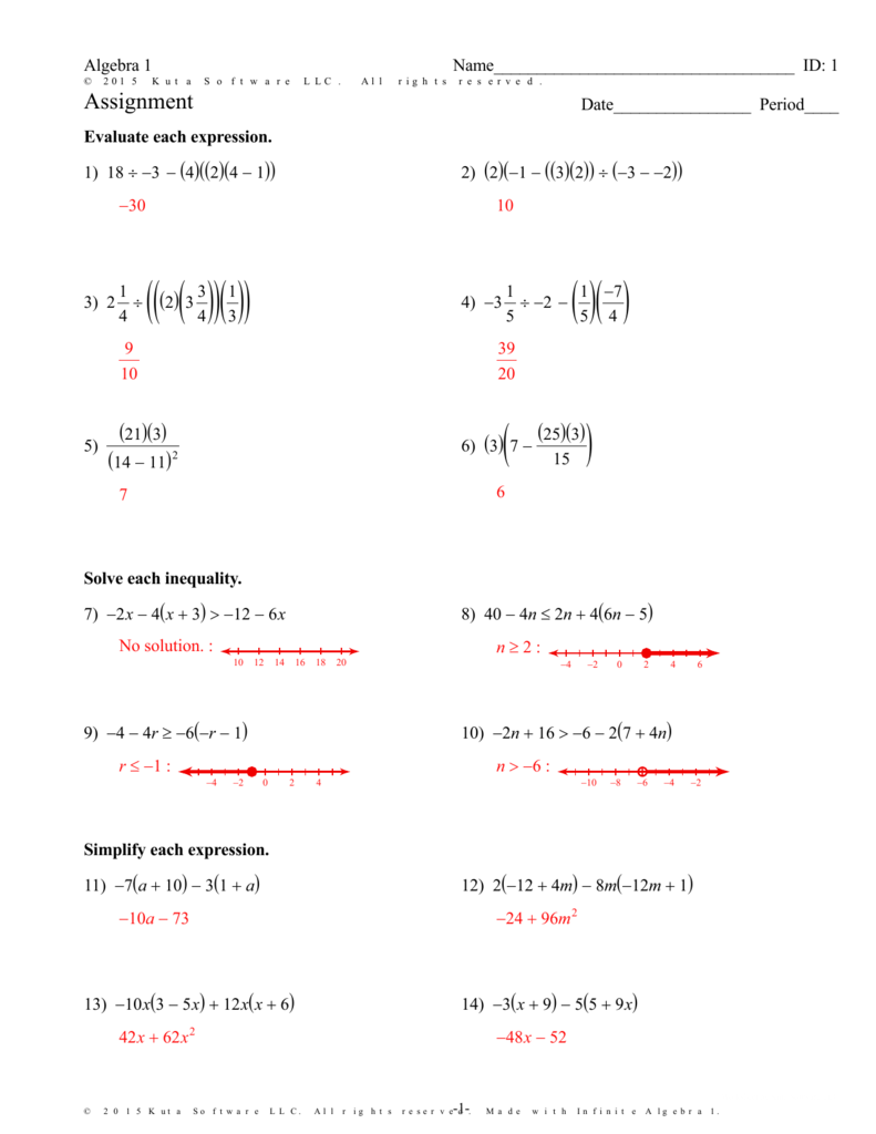 algebra 1 assignment kuta software answer key