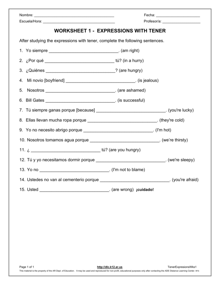 Worksheet 1 Expressions With Tener