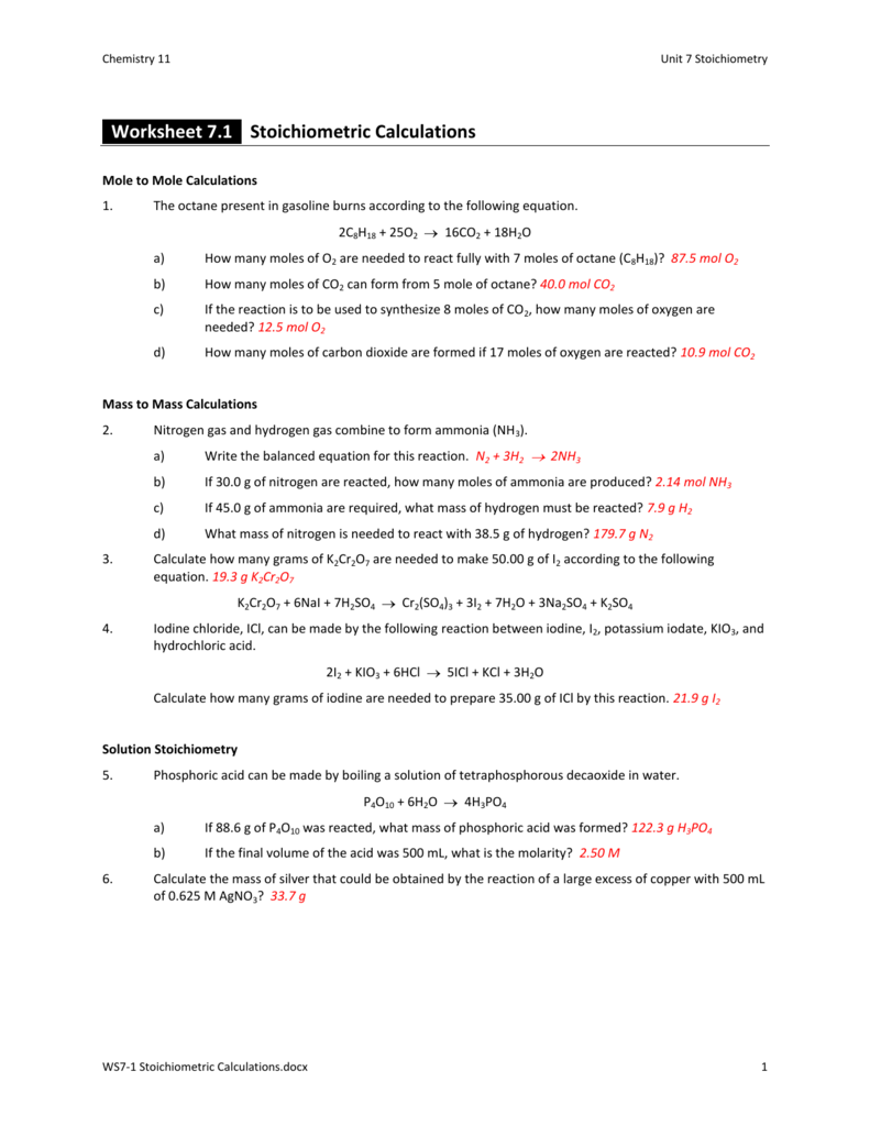 Worksheet 22.22 Stoichiometric Calculations With Stoichiometry Worksheet Answer Key