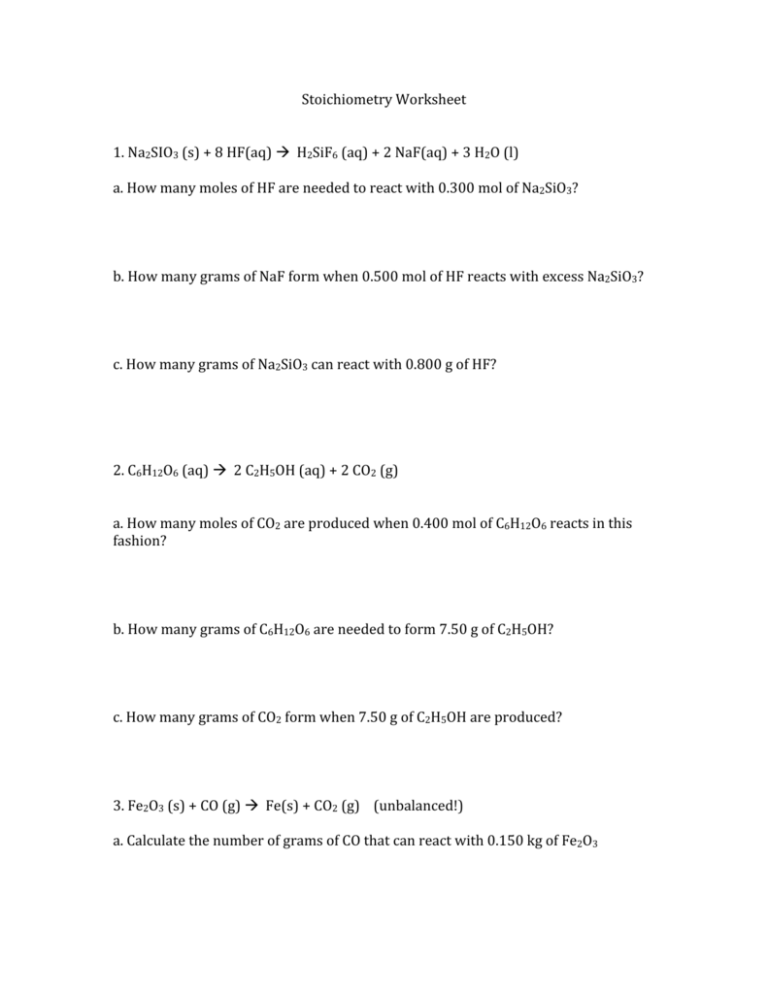 Stoichiometry Worksheet