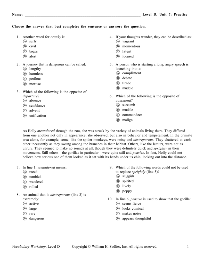 Bestseller: Sadlier Vocabulary Workshop Level D Unit 2 Answers