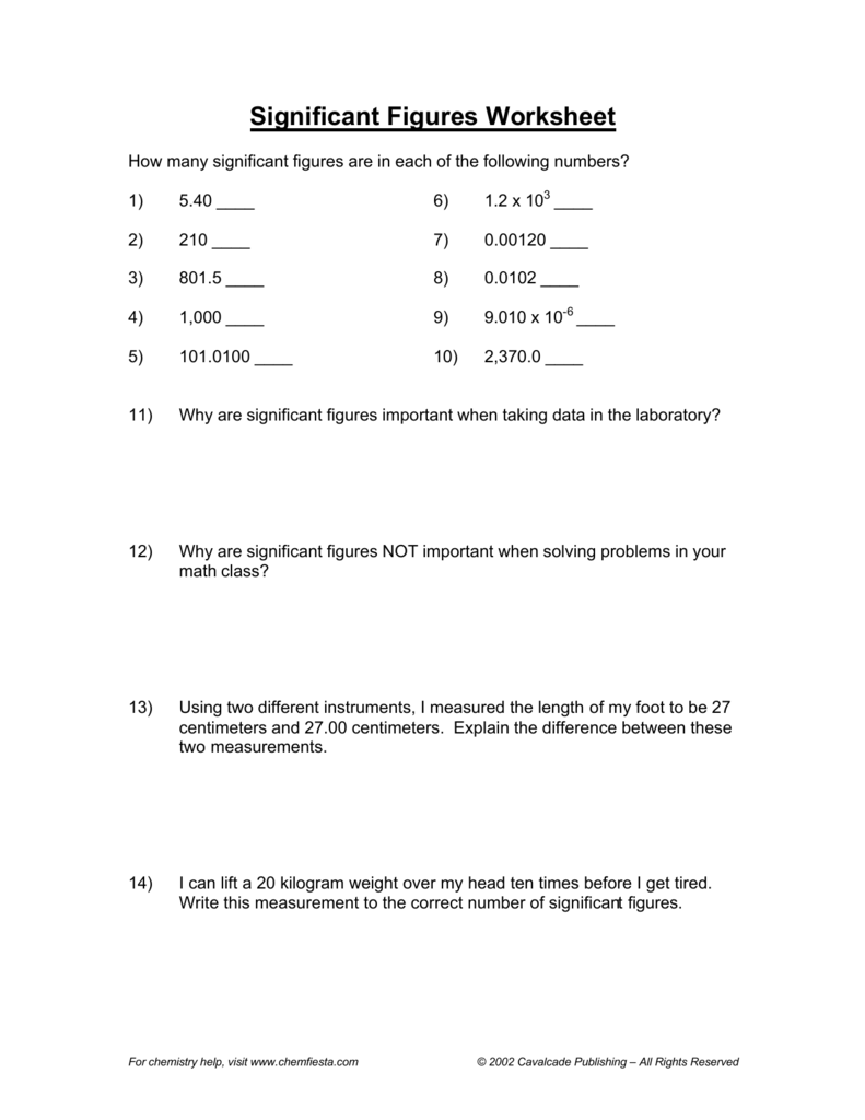 Significant Figures Worksheet For Significant Figures Worksheet Answers