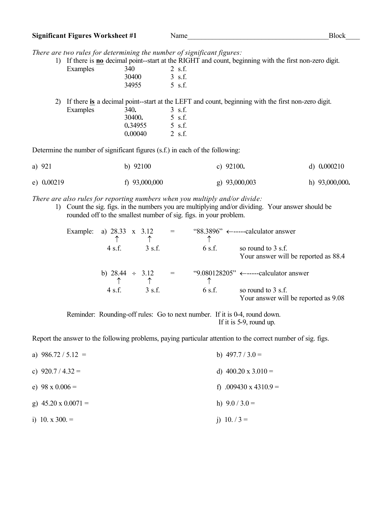 Significant Figures Worksheet