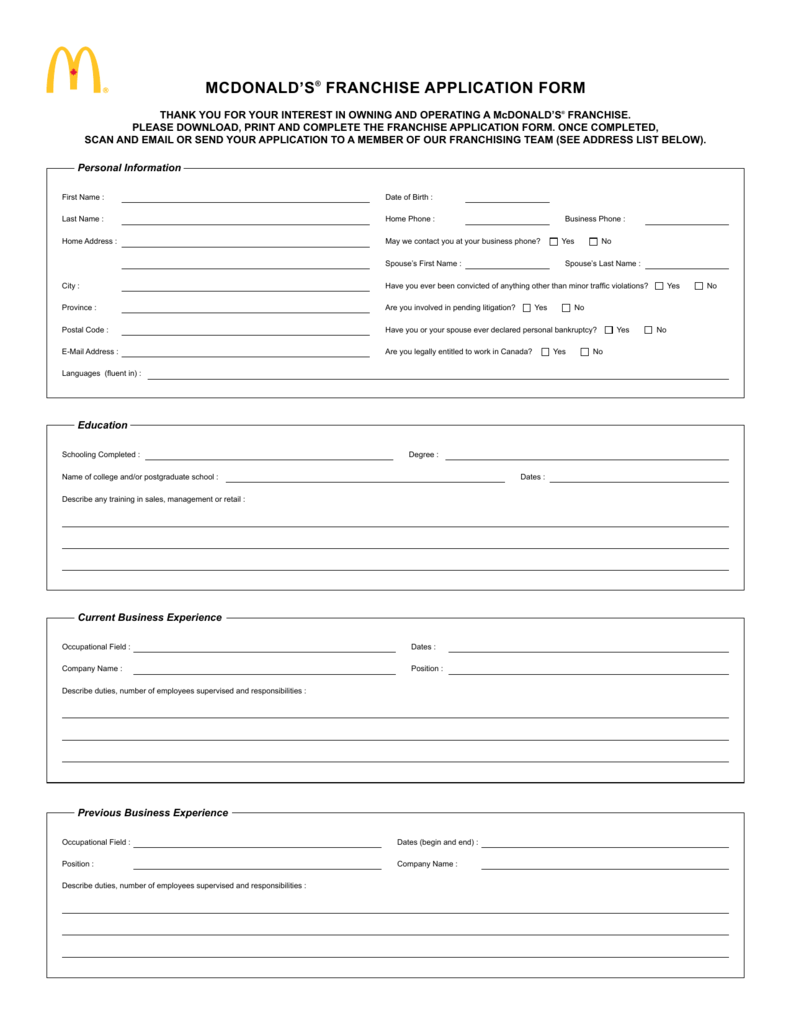 MCDONALD S FRANCHISE APPLICATION FORM