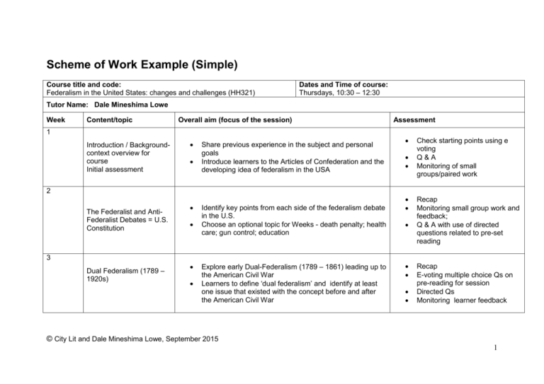 Scheme Of Work Example Simple 