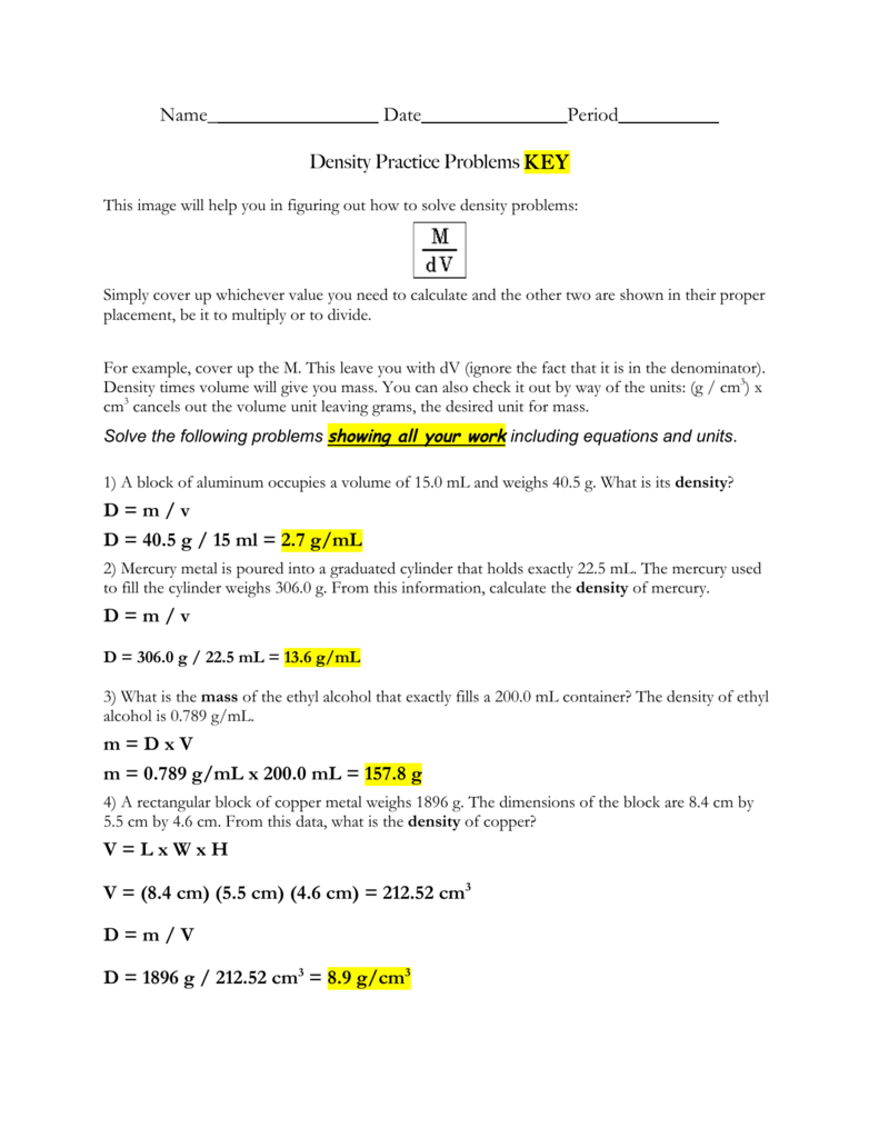 Density Practice Problems Worksheet Answers