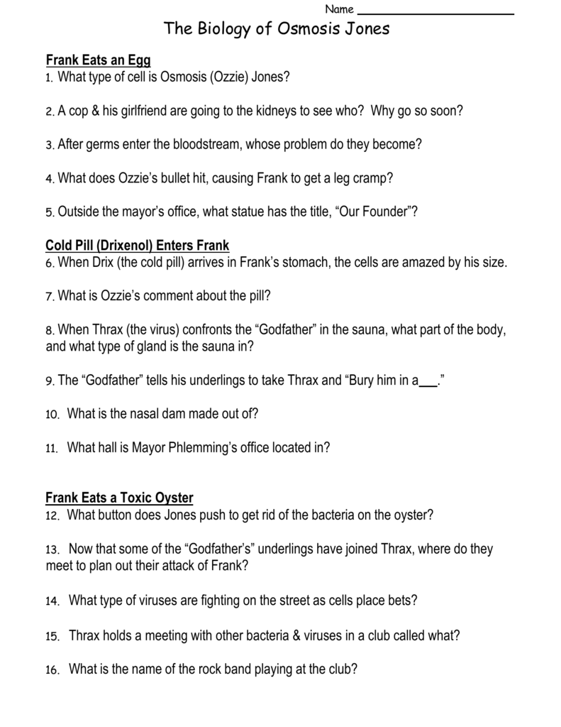 The Biology of Osmosis Jones With Regard To Osmosis Jones Worksheet Answer Key