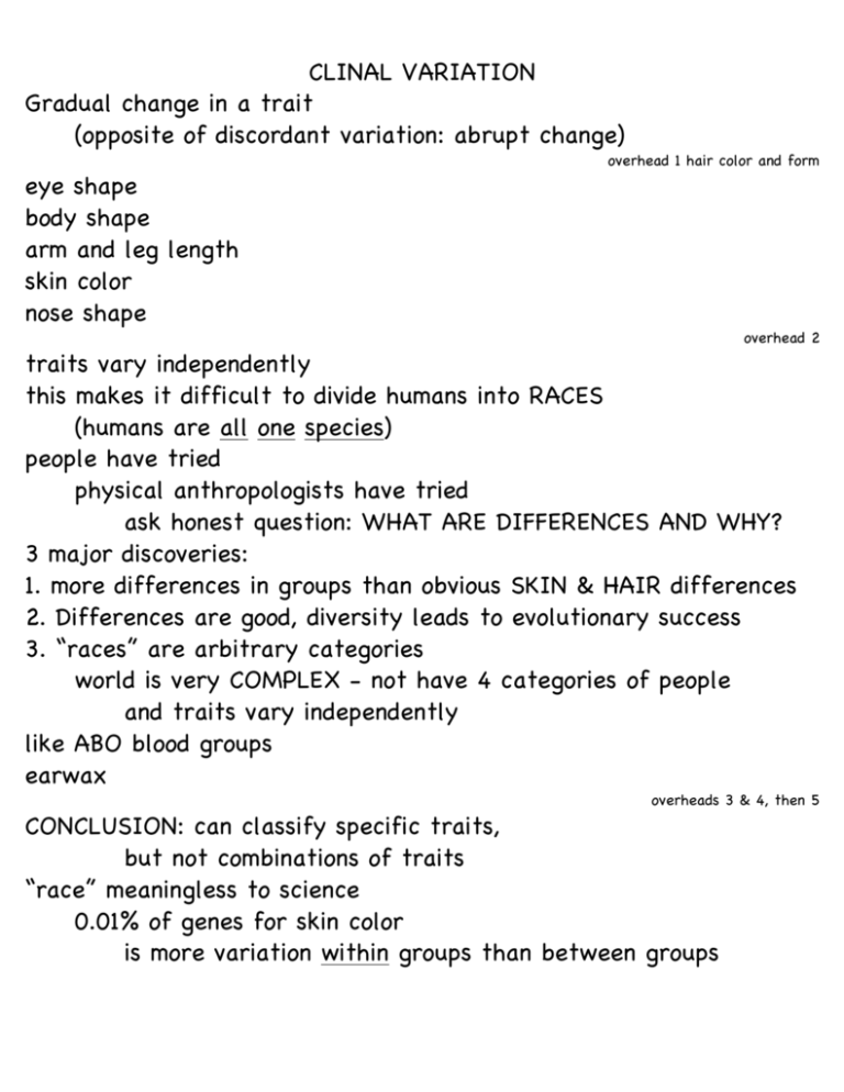 CLINAL VARIATION Gradual Change In A Trait opposite Of