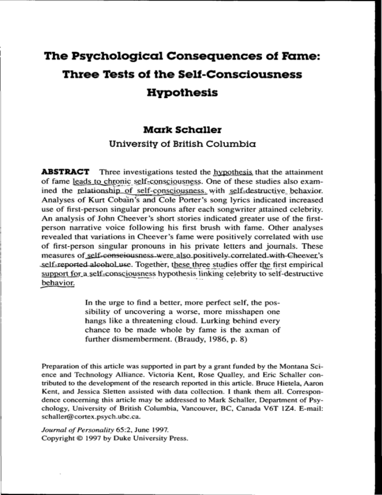 The Psychological Consequences Of Fame Three Tests Of The Self