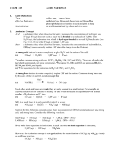 CHEM 1105 ACIDS AND BASES 1. Early Definitions Taste: acids