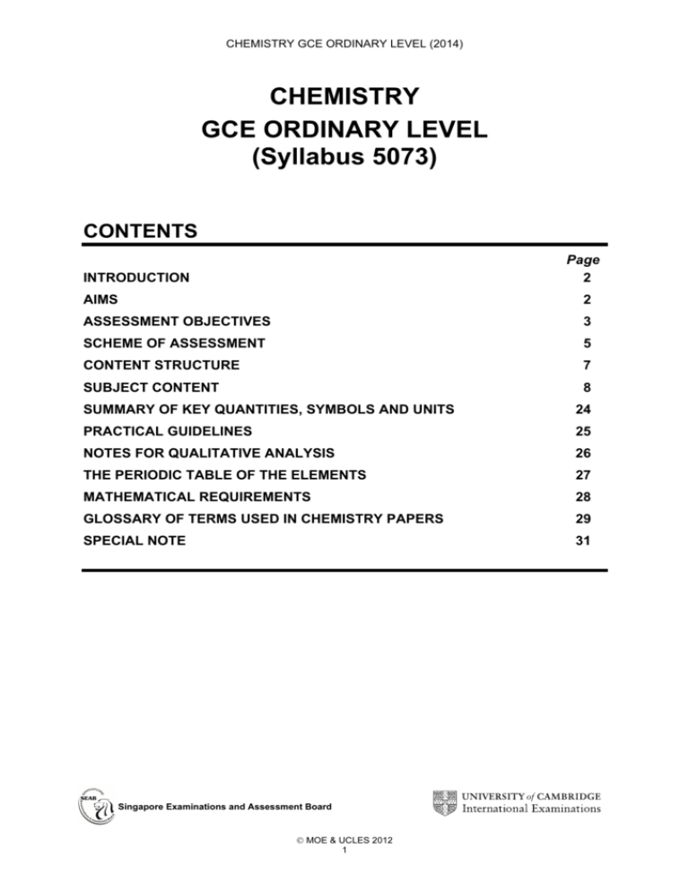CHEMISTRY GCE ORDINARY LEVEL (Syllabus 5073)