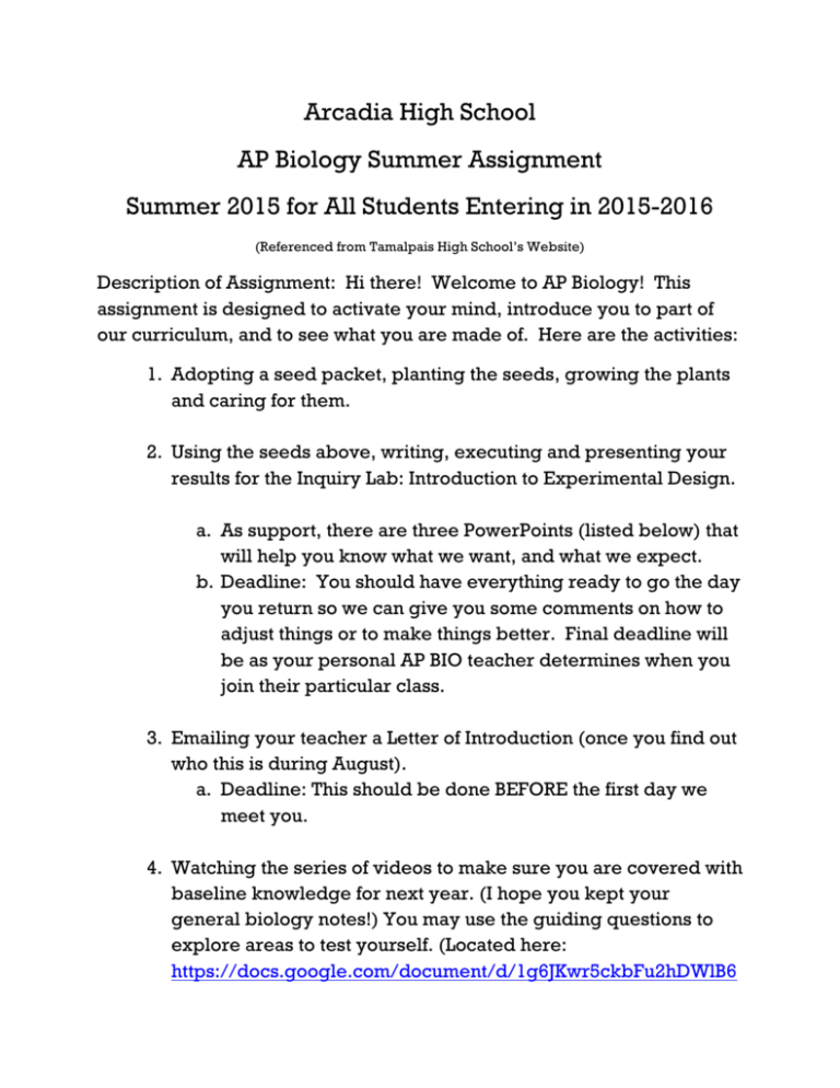 summer assignment ap biology