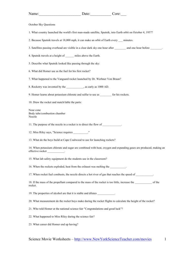 October Sky Questions Within The Core Movie Worksheet Answers