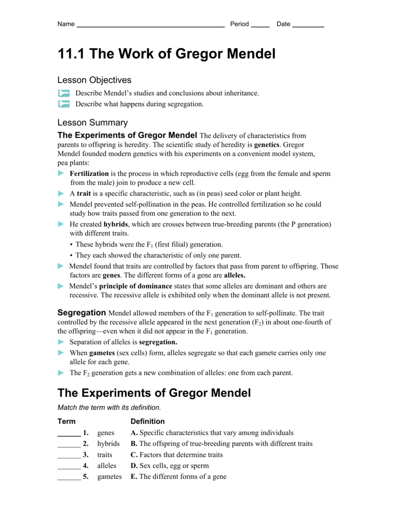 11 1 THE WORK OF GREGOR MENDEL ANSWERS PDF