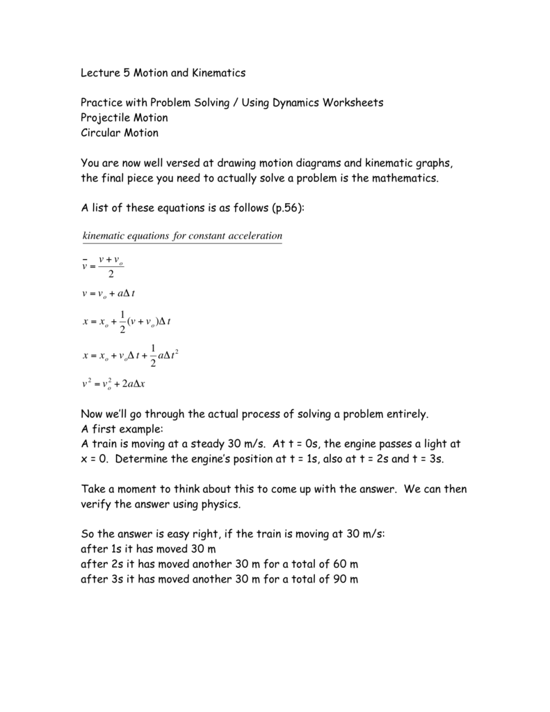 Lecture 21 Motion and Kinematics Practice with Problem Solving Intended For Kinematics Worksheet With Answers