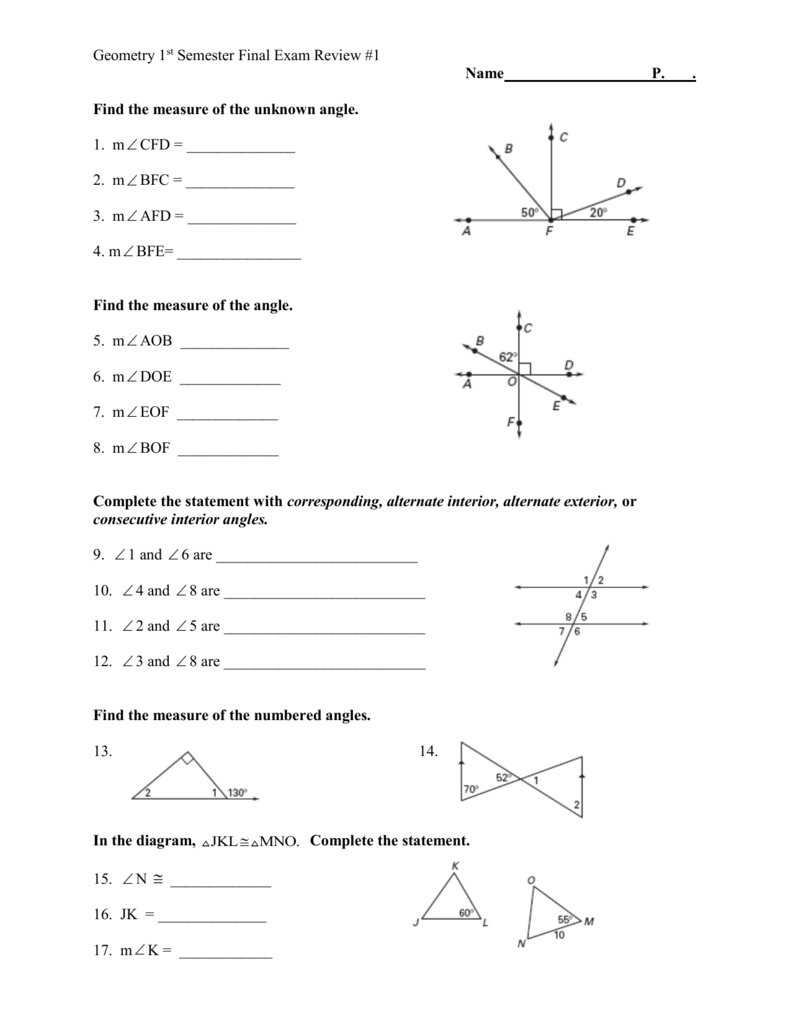 Geometry 1st Semester Final Exam Review 1 Name P Find The