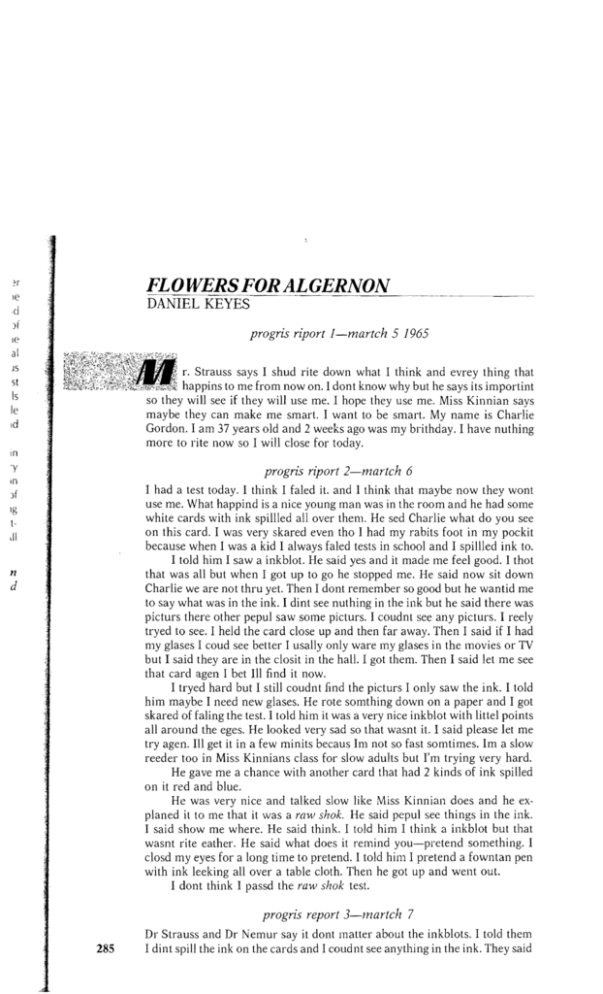 Flowers For Algernon Short Story Textbook