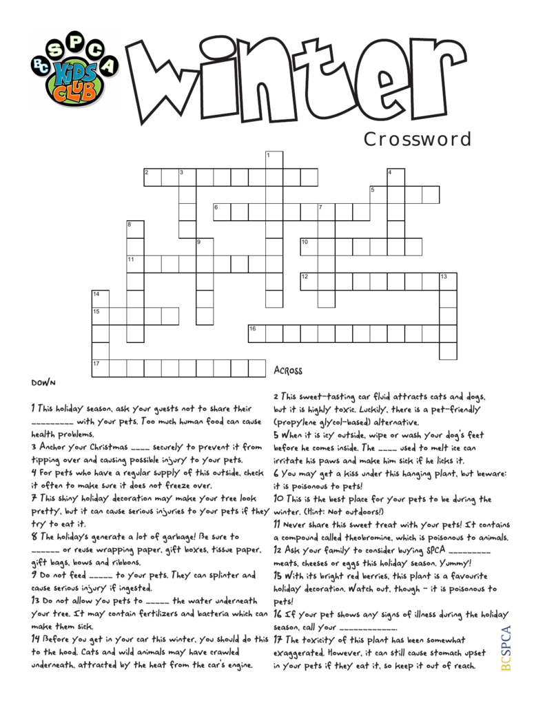 Winter Crossword Puzzle Printable