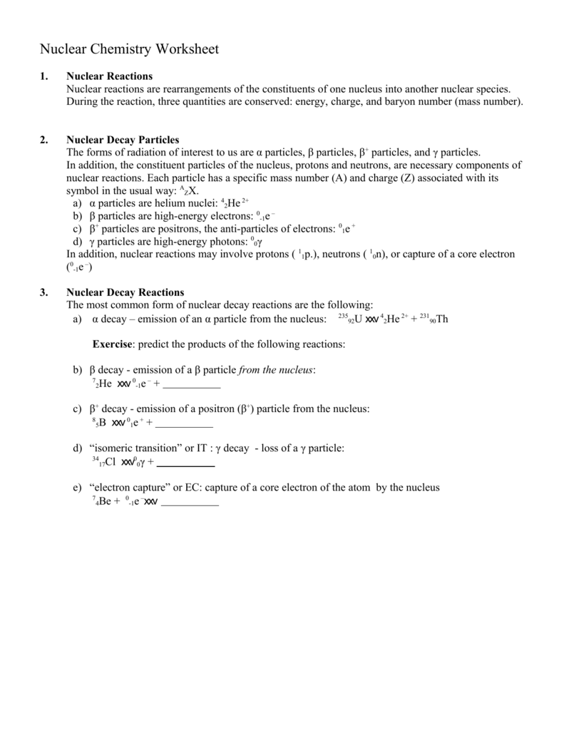 Nuclear Chemistry Worksheet Within Nuclear Chemistry Worksheet K