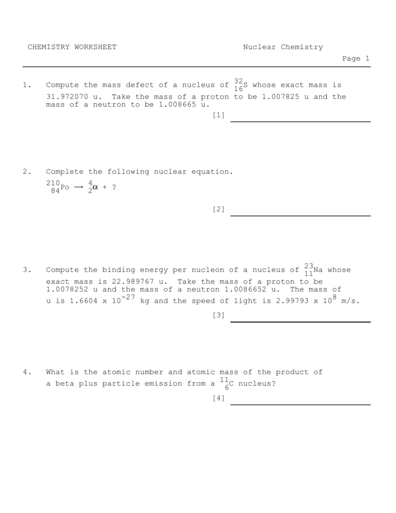 Nuclear Chemistry Worksheet K