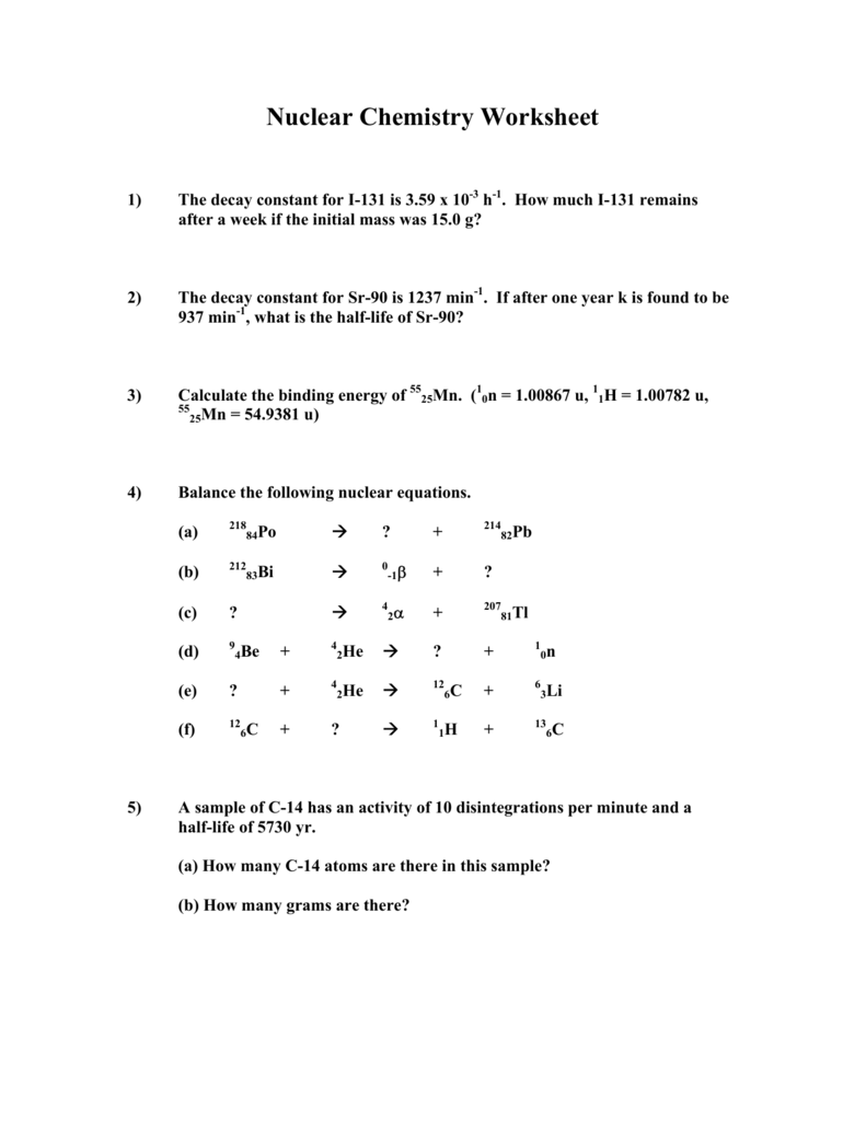 Nuclear Chemistry Worksheet Within Nuclear Chemistry Worksheet K