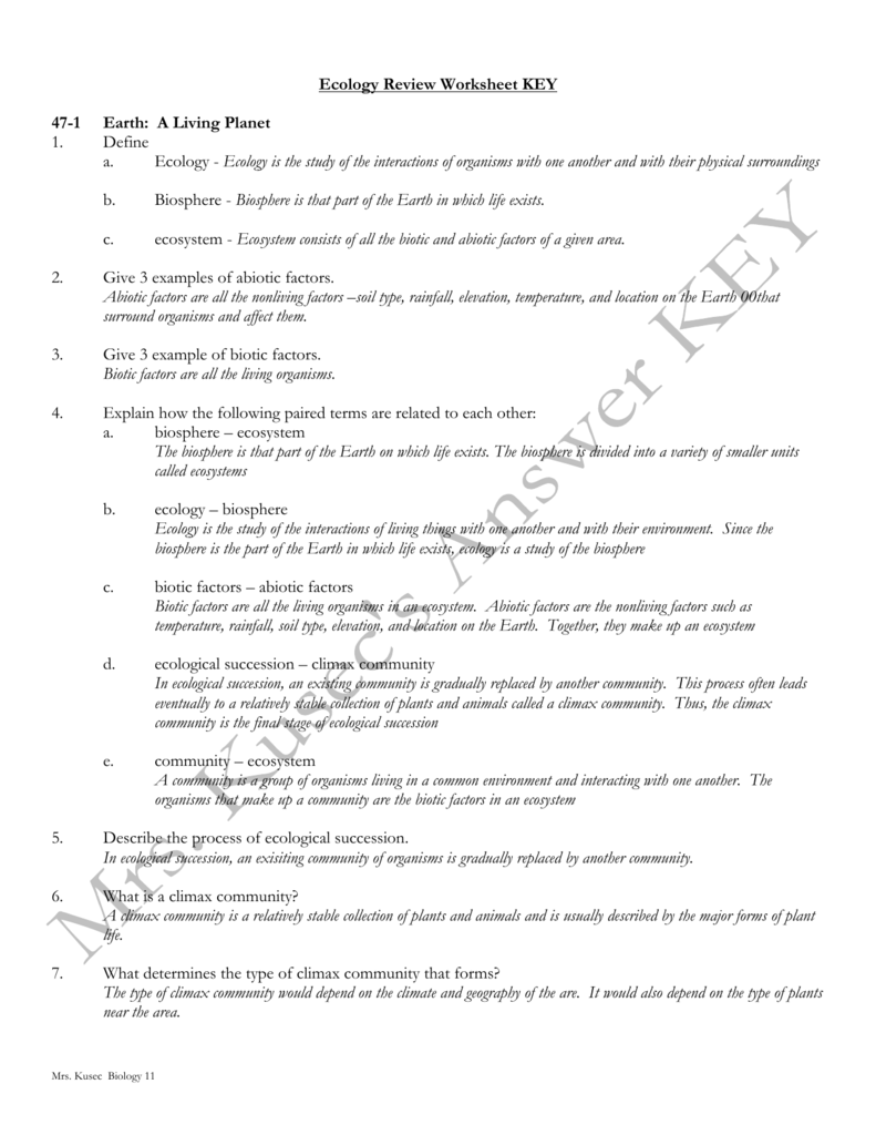 Ecology Review Worksheet KEY 23-23 Earth: A Living Planet 23 With Regard To Ecological Succession Worksheet Answers