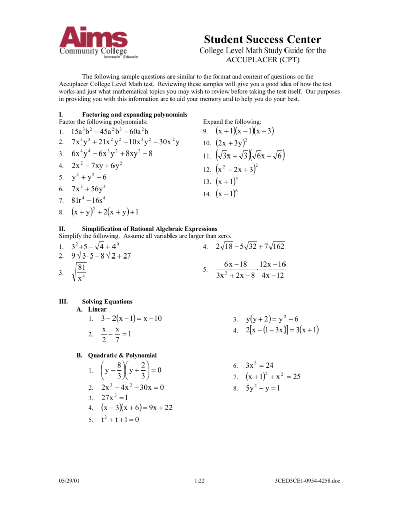 College Algebra Study Guide