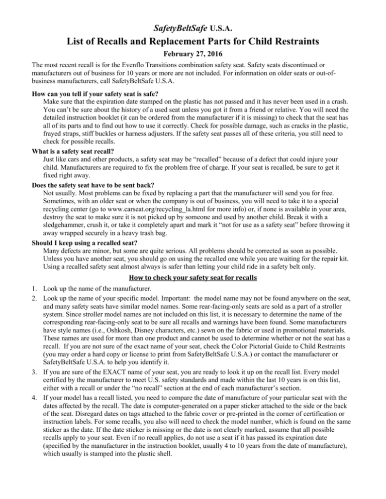 Car Seat Recall List