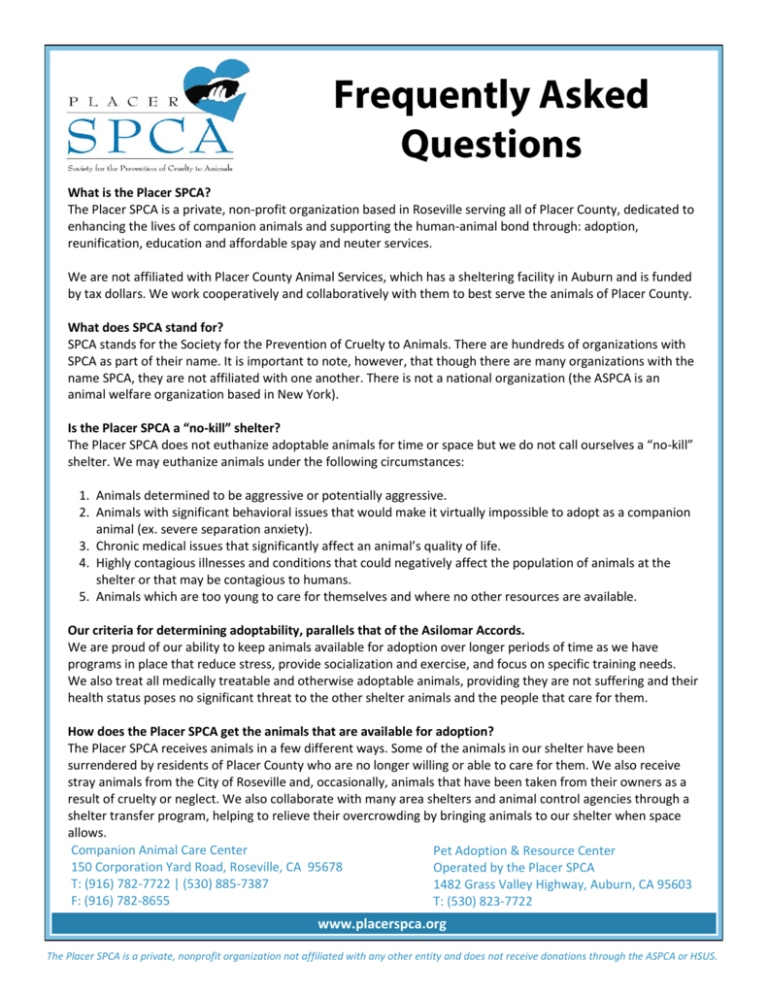FAQs - Placer SPCA