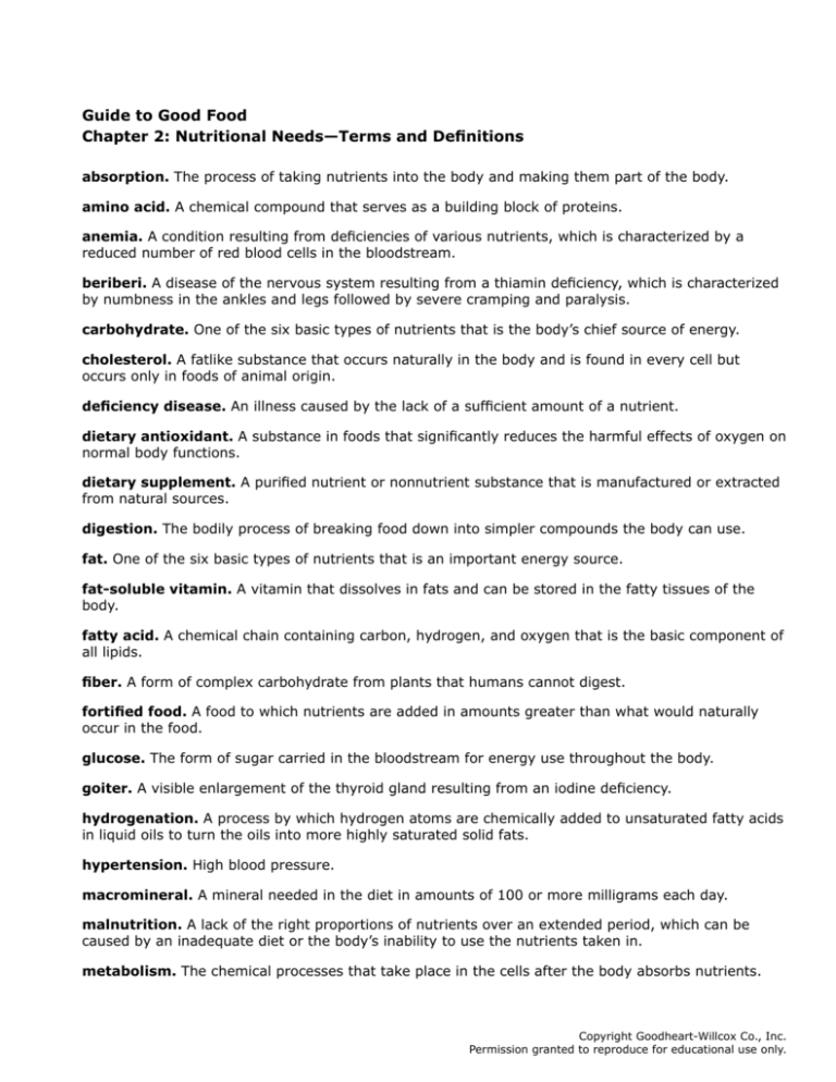 Guide To Good Food Chapter 2 Nutritional Needs Terms And