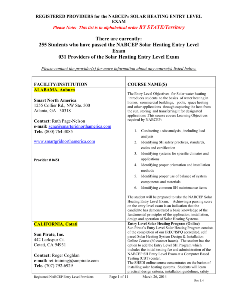 Approved Providers For Nabcep® Pv Entry Level Certificate Of