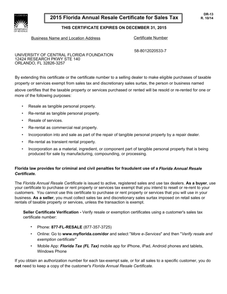 2015 Florida Annual Resale Certificate For Sales Tax 2015 Florida Annual Resale Certificate For Sales Tax