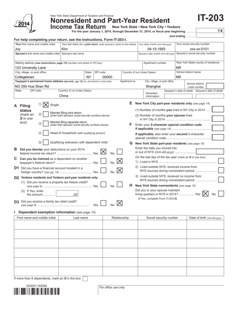 Form IT 203 2014 Nonresident And Part