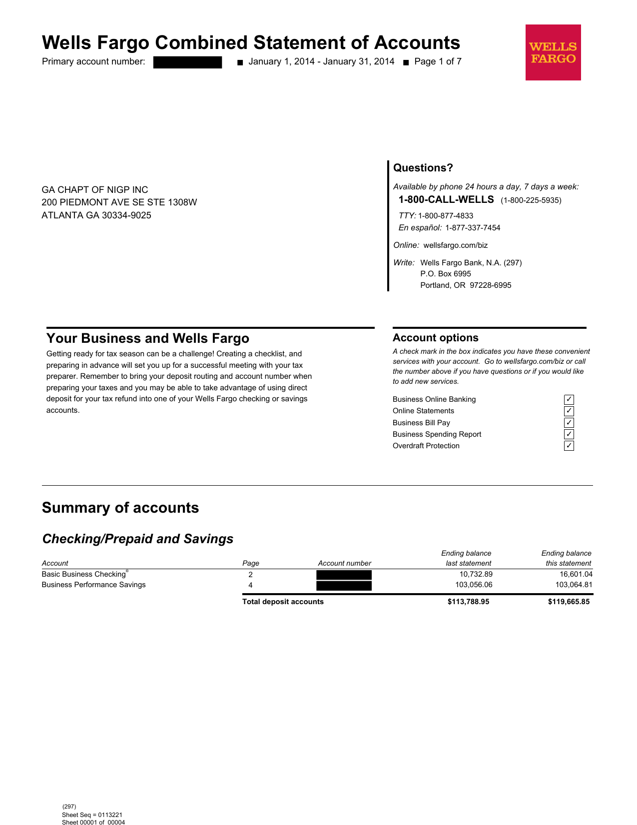 Wells Fargo Combined Statement of Accounts