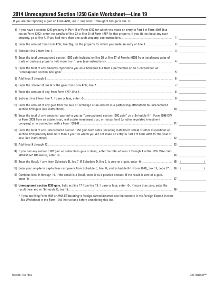 2014 Unrecaptured Section 1250 Gain Worksheet—Line 19