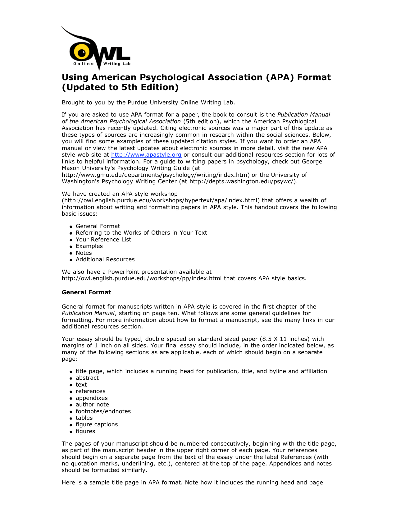 Using American Psychological Association (APA) Format (Updated
