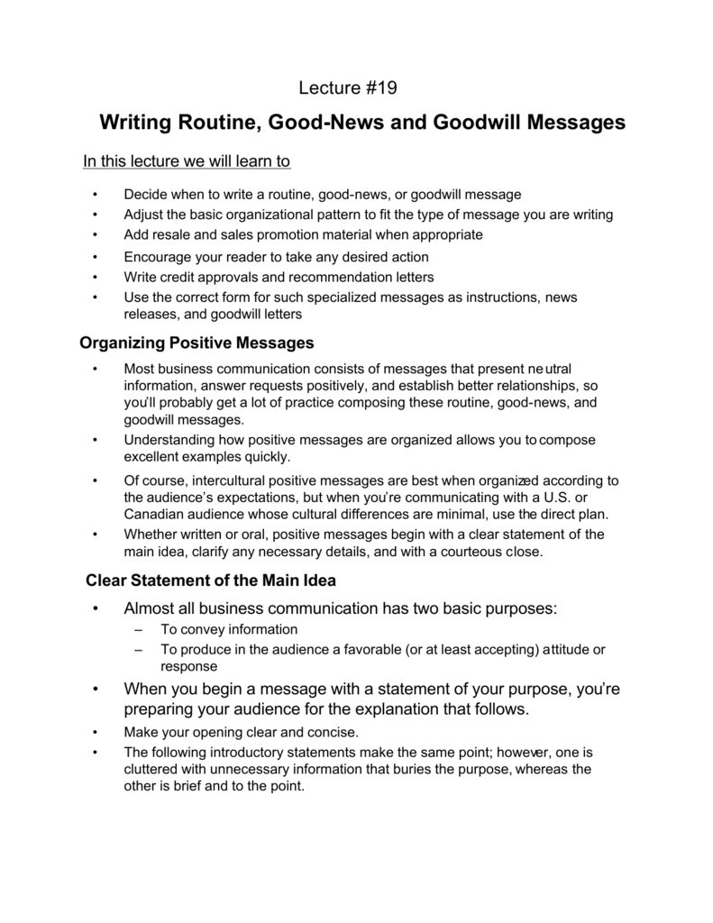 Writing Routine Good News And Goodwill Messages