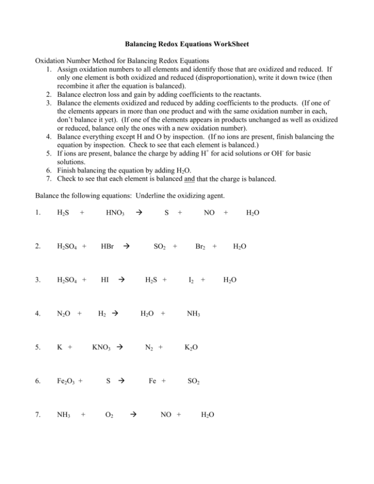 Balancing Redox Reactions Oxidation Number Method Worksheet With Answers