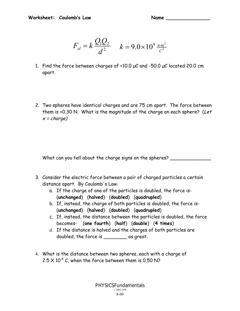 Worksheet Coulomb S Law Answer Key