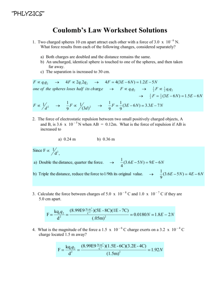 Coulomb S Law Worksheet Solutions